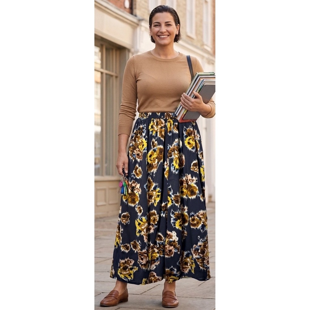 Boho Floral Skirt band of gypsies L Artsy Multicolor  Pockets MIDI 100% Rayon
